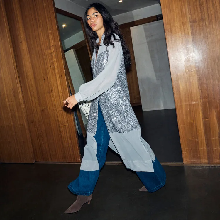 Smooth silhouette Classic and Modern Gunmetal Sequin Lila Shirt Dress