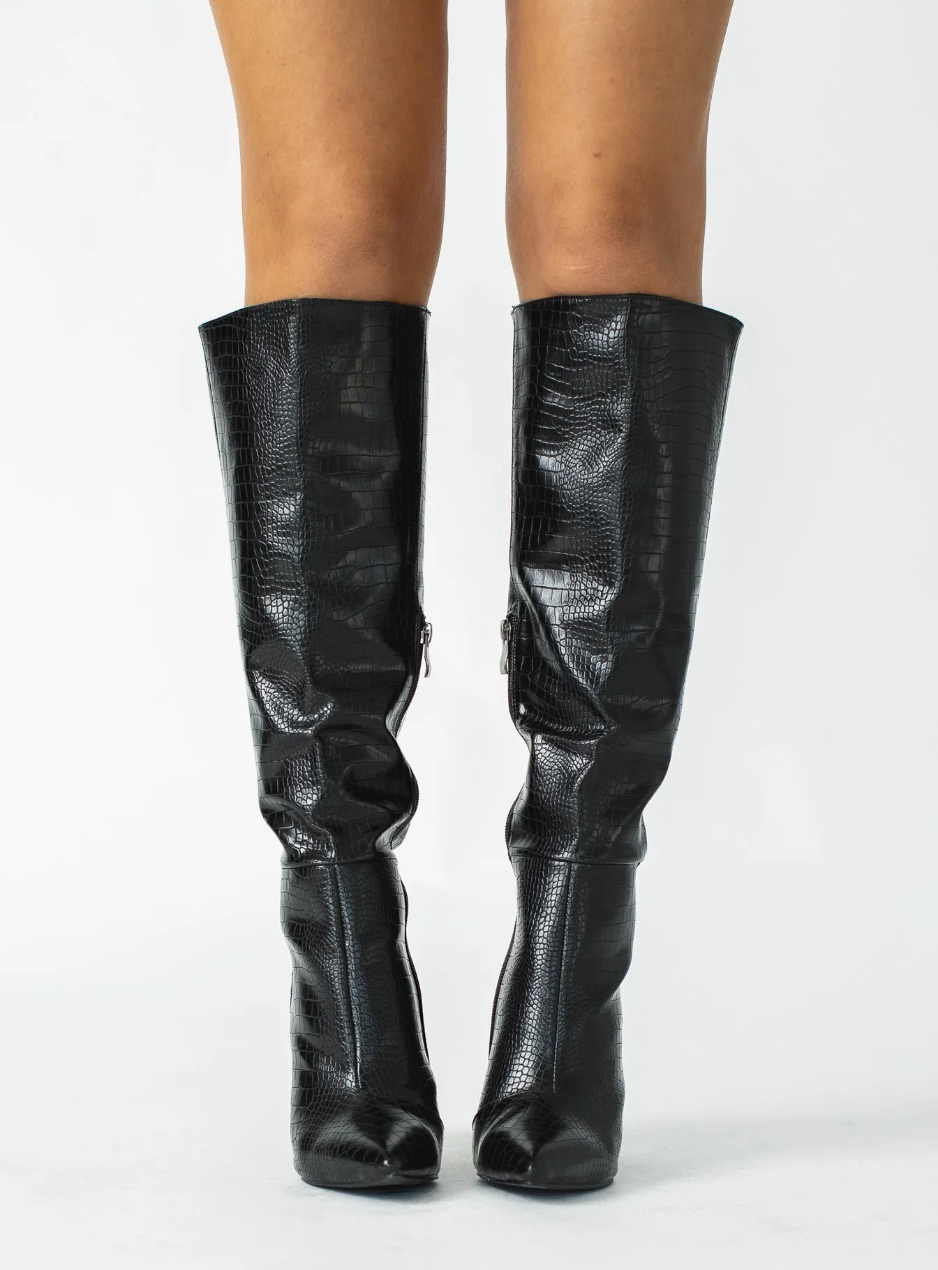 Billini Milla Croc Knee High Boots Black Low Profile Fit