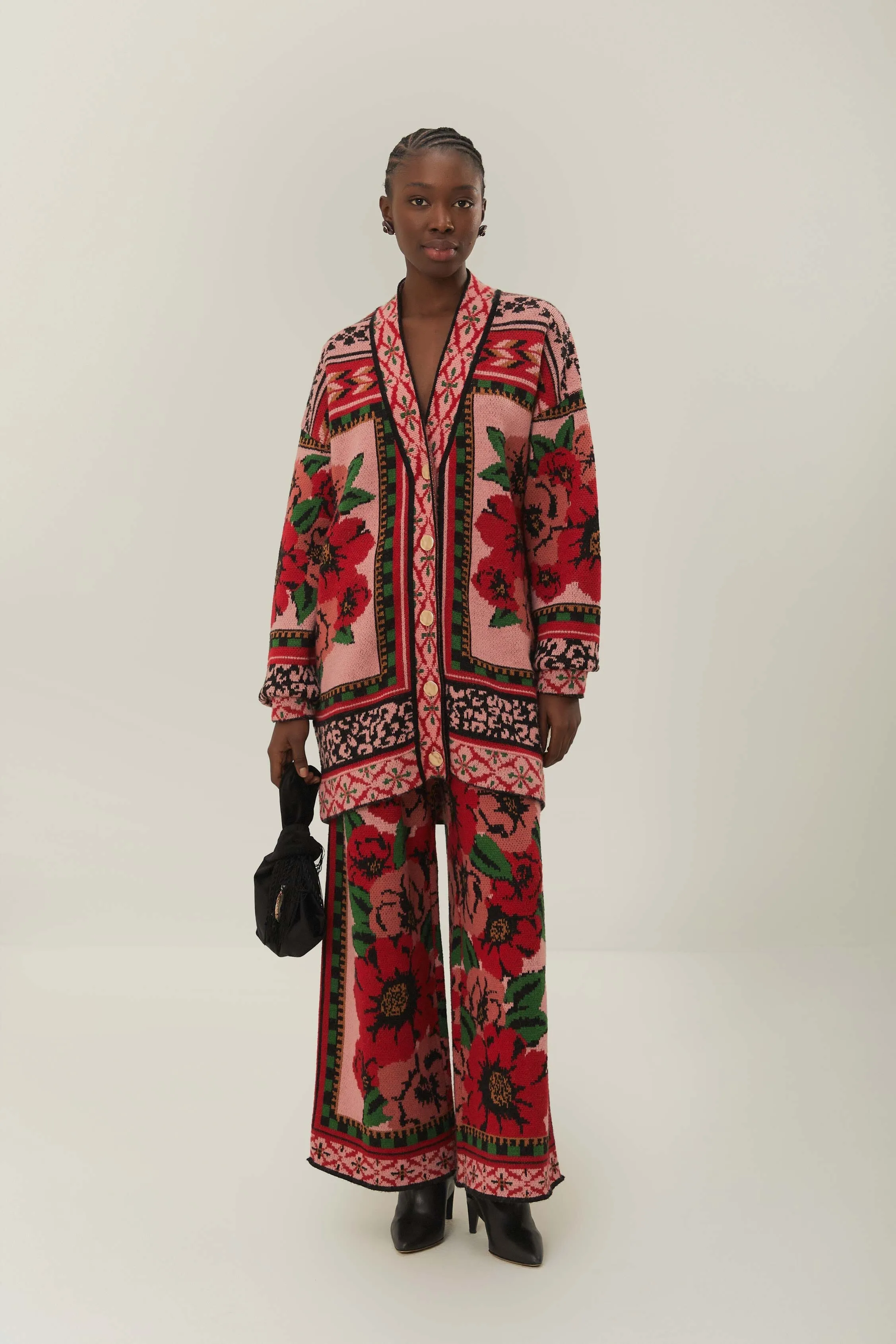 Snug Style Pink Flower Tapestry Knit Cardigan