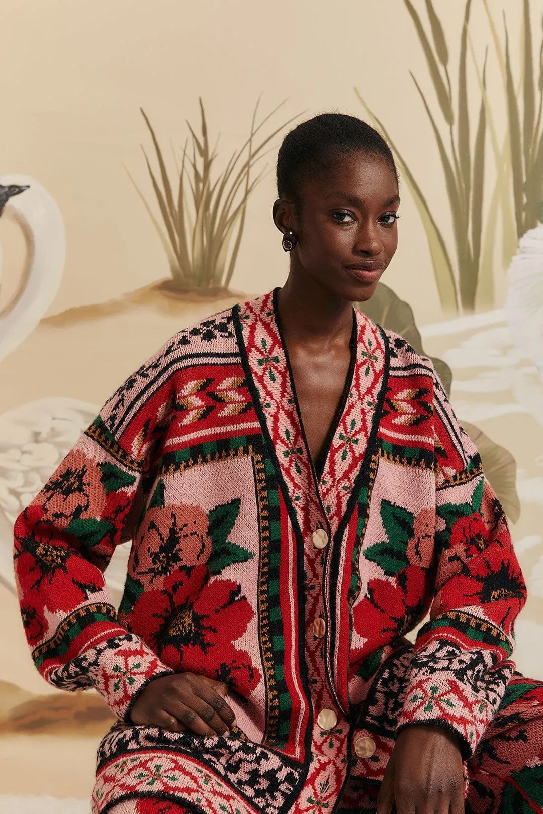 Pink Flower Tapestry Knit Cardigan Stay Cozy