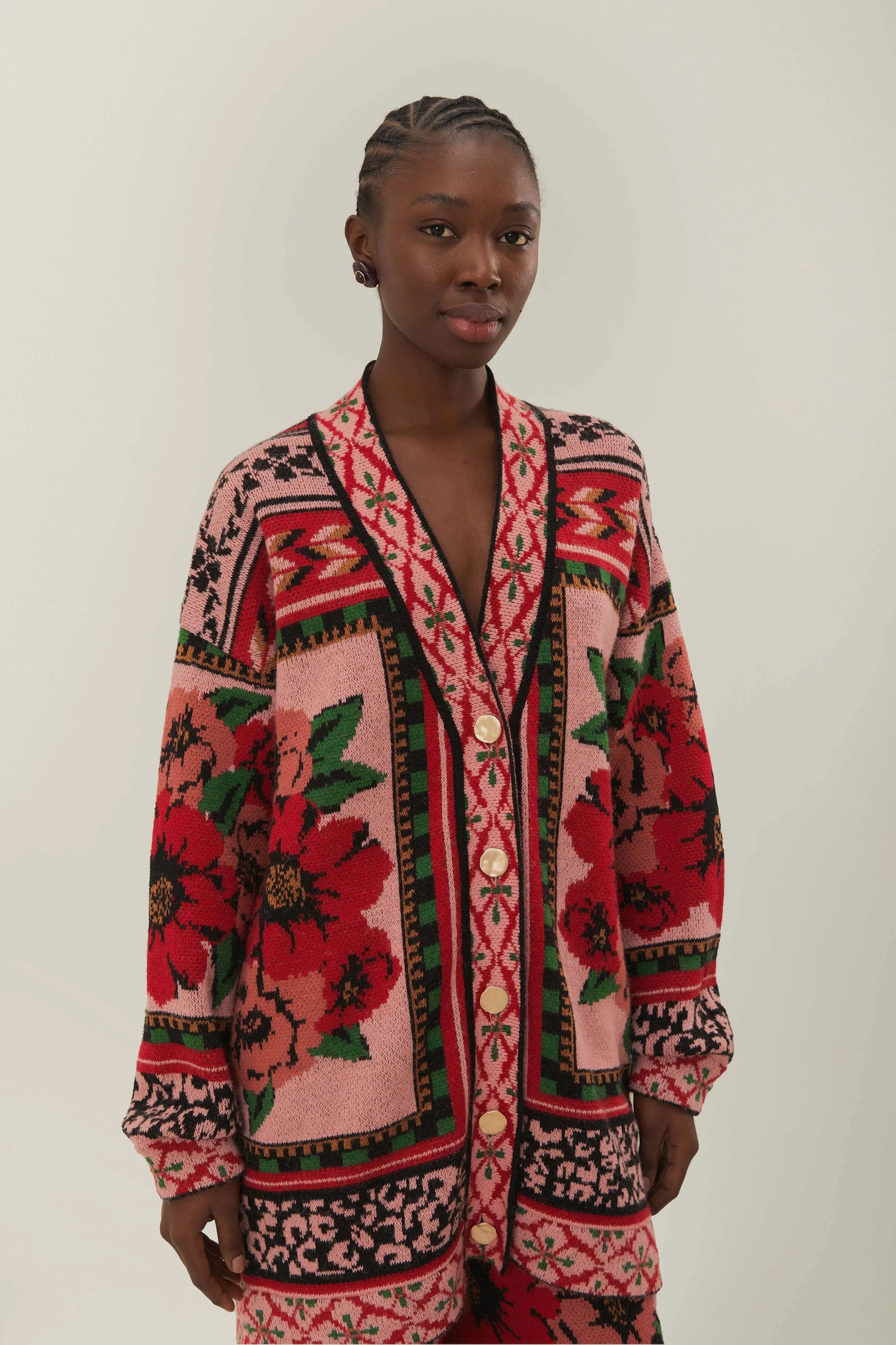 Stylish Drape Pink Flower Tapestry Knit Cardigan