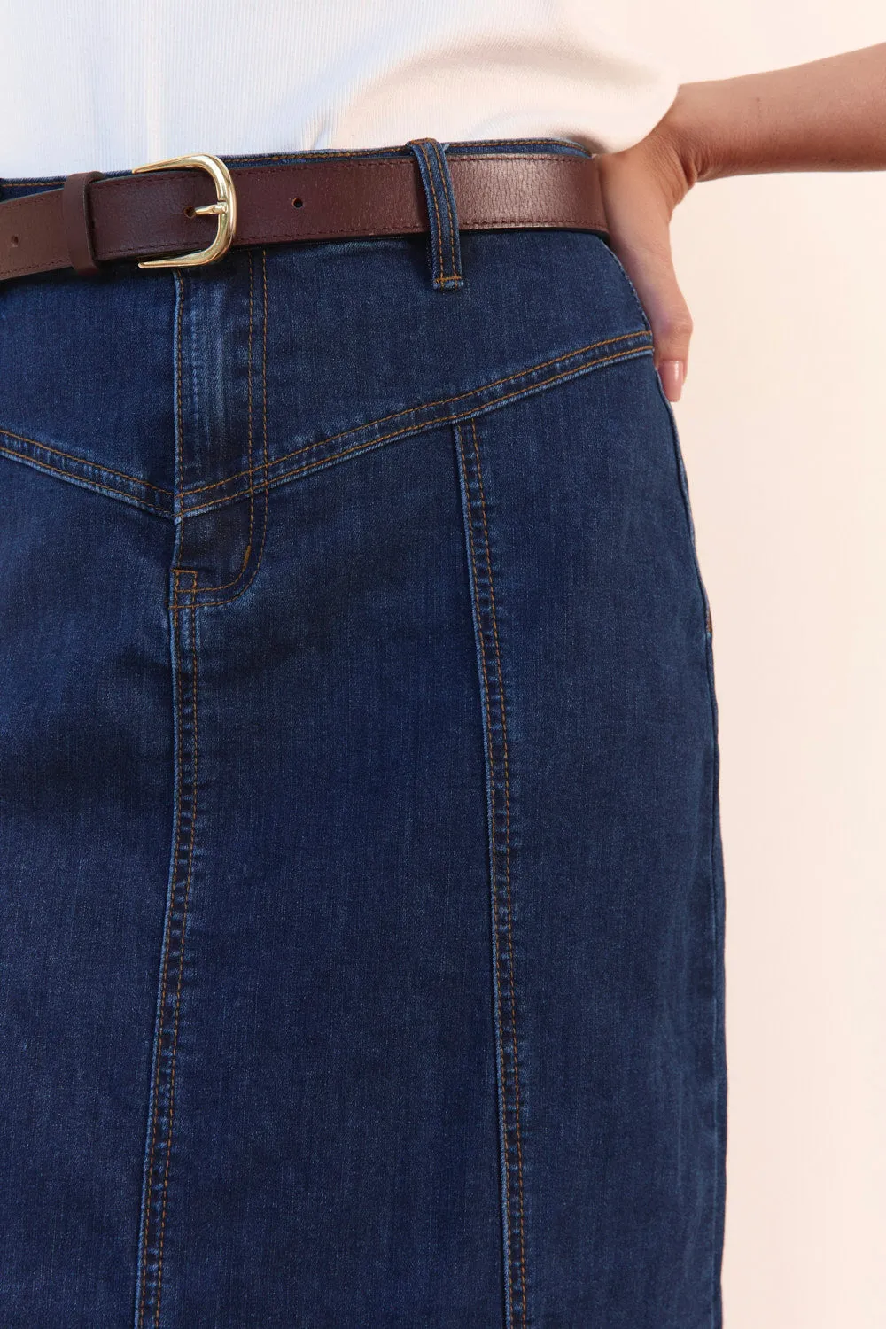 Adrift Flared Denim Maxi Skirt in Dark Wash Hemp Blend Velvet Finish