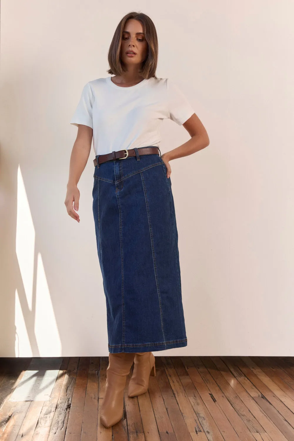 A line Adrift Flared Denim Maxi Skirt in Dark Wash
