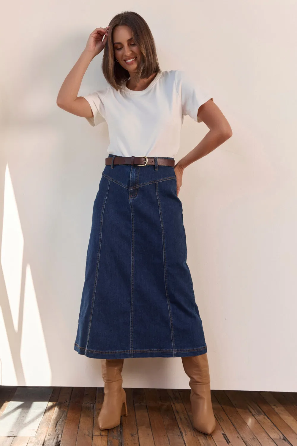 Adrift Flared Denim Maxi Skirt in Dark Wash Water Repellent Stylish Vibe