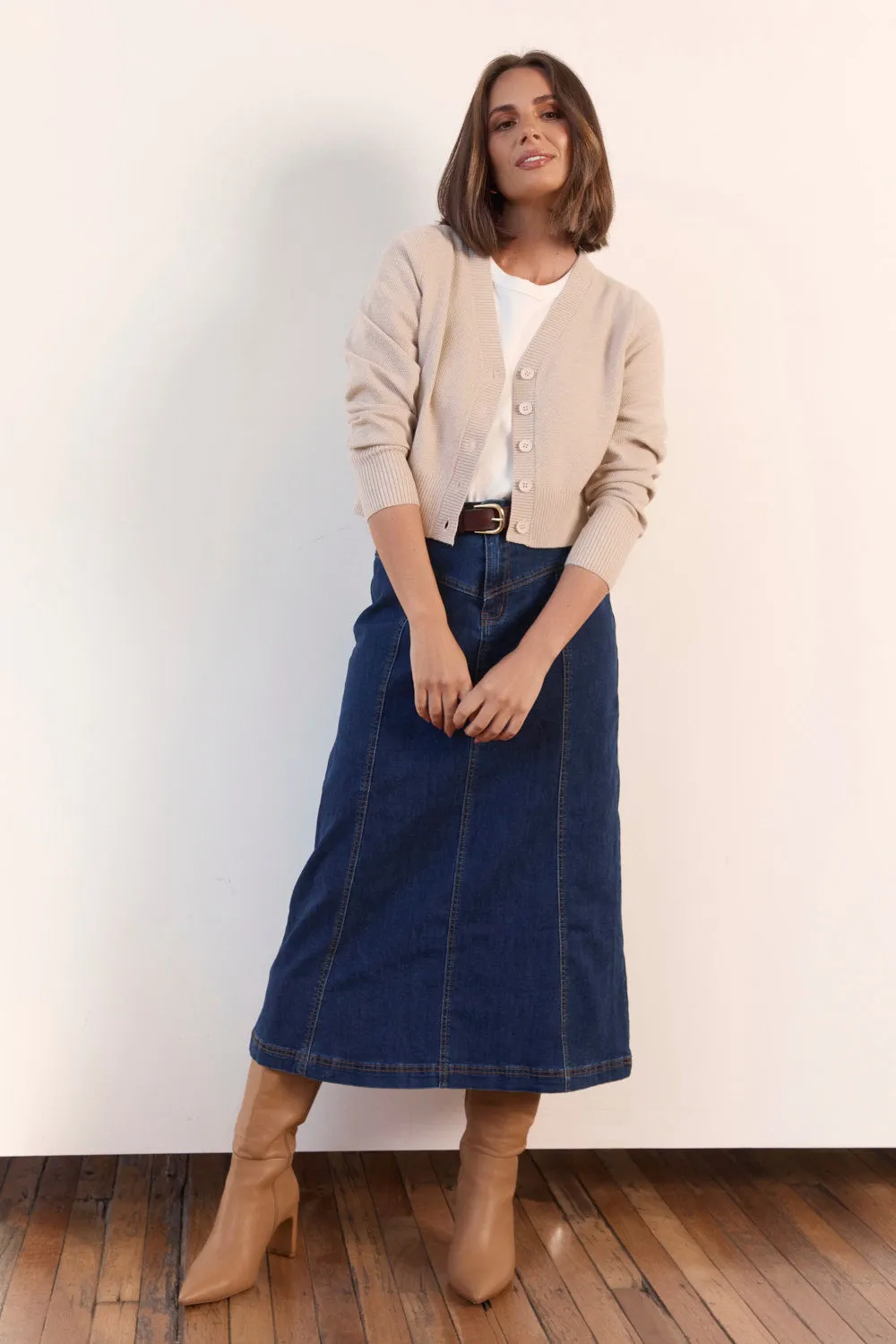Adrift Flared Denim Maxi Skirt in Dark Wash Affordable Fashion Playful Vibe