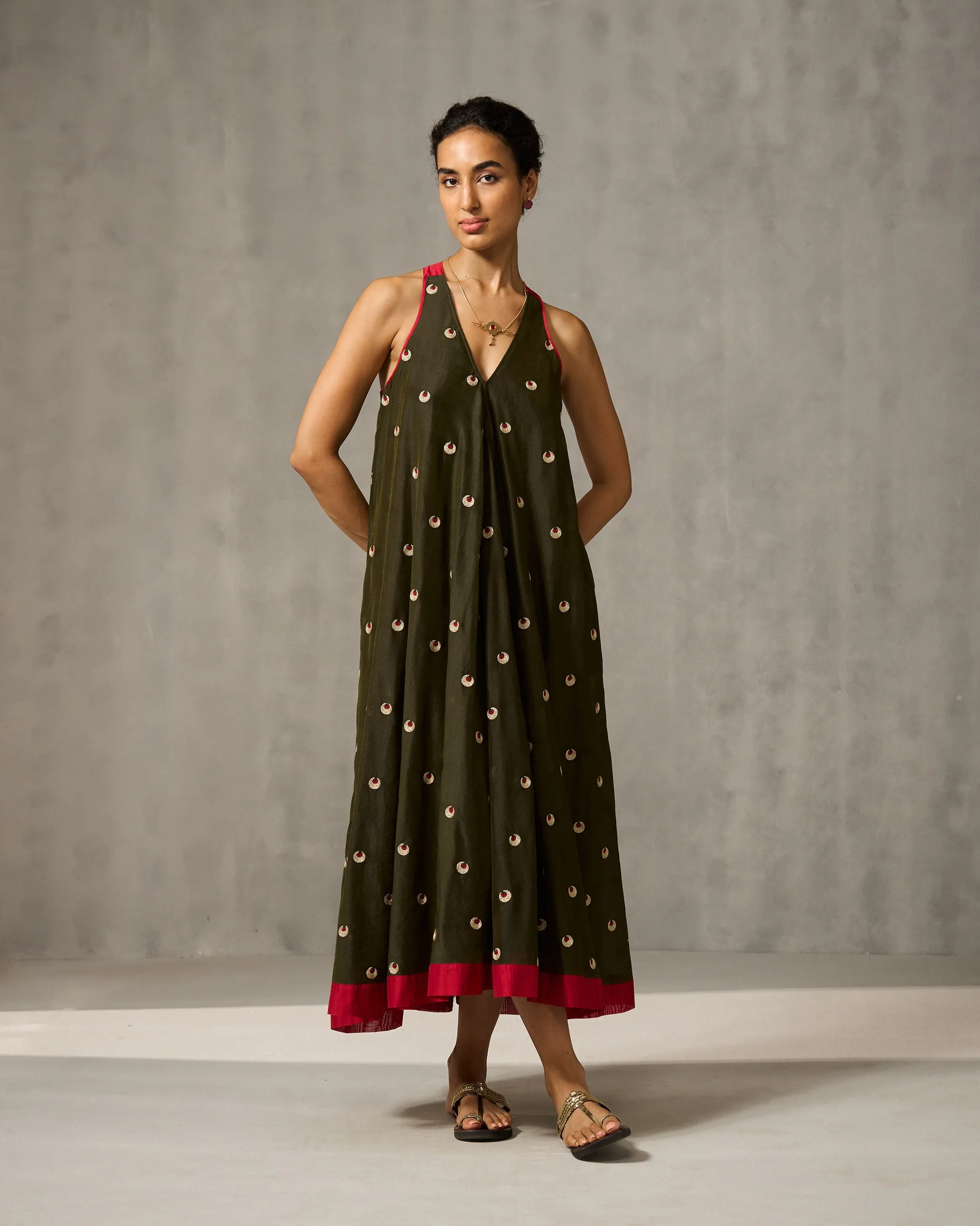 Akira Twist Back Dress - Green & Gold Embroidered Cool Palette windproof