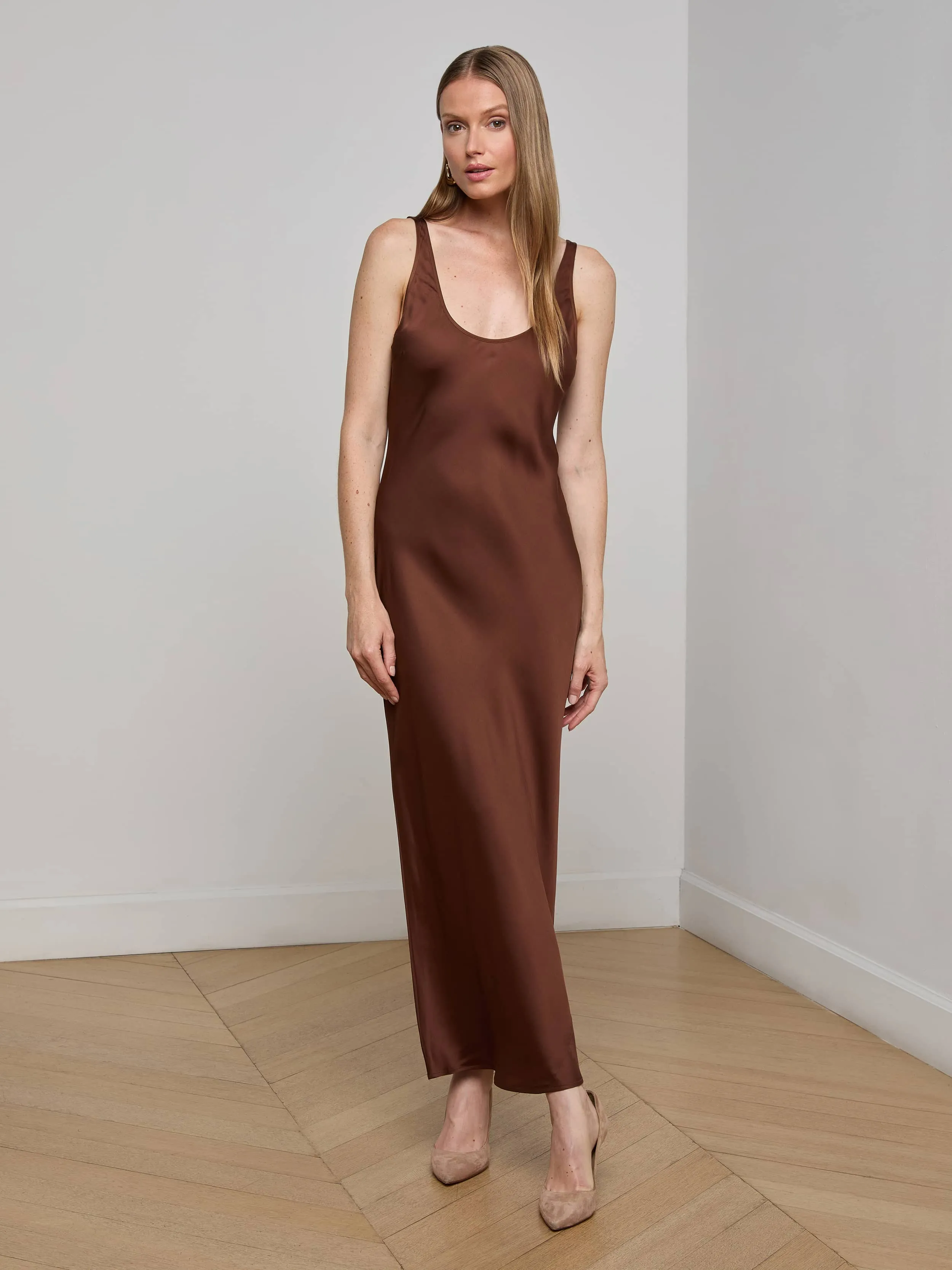 Texture Flow Smooth Layering Akiya Satin Maxi Dress