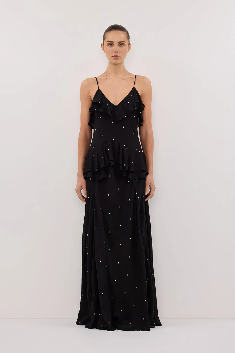 Playful-Detail Evening Classic MELROSE BLACK SPOT MAXI DRESS