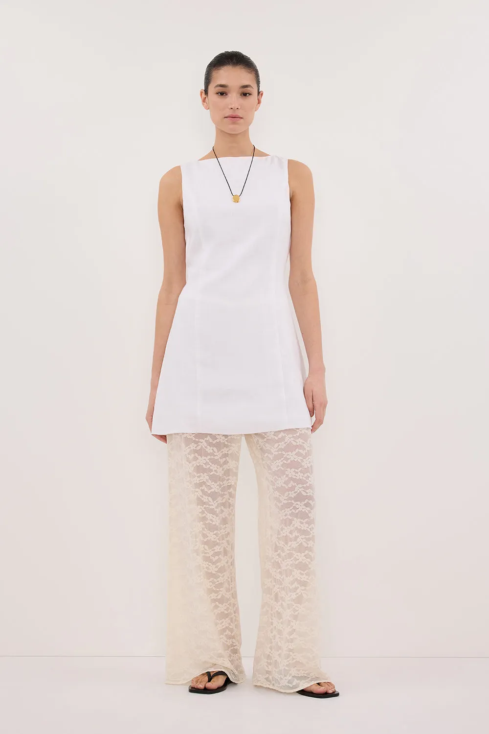 LACY WHITE SLEEVELESS LINEN MINI DRESS Convertible-Style Ribbed-Texture