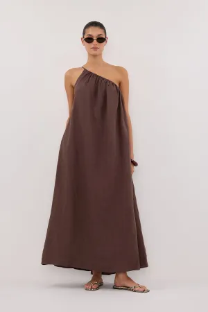 Bright Petal ALMA BITTER CHOC ASYM LINEN MIDI DRESS