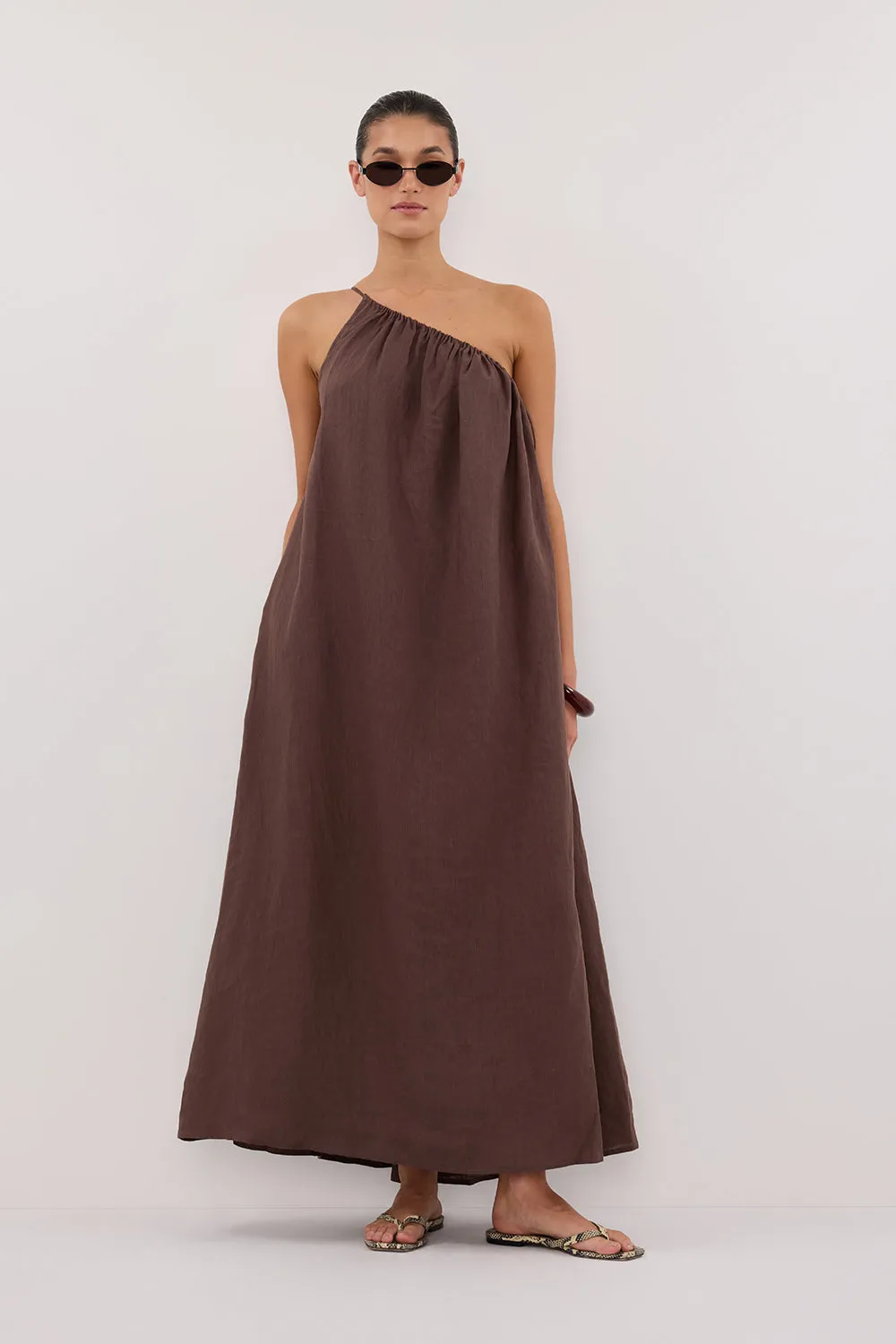 Bright Petal ALMA BITTER CHOC ASYM LINEN MIDI DRESS