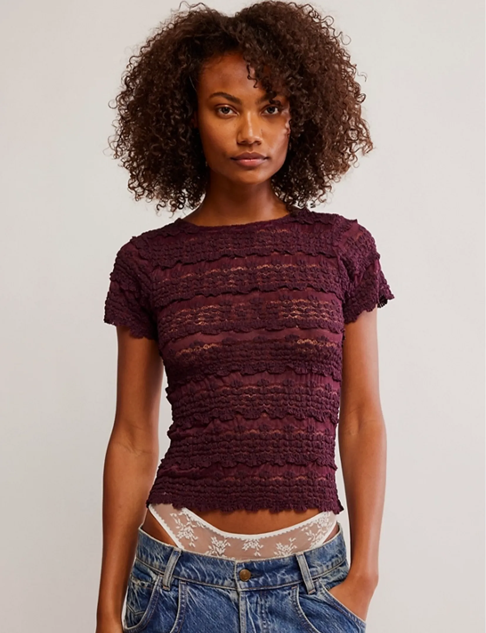 Angelina Lace Tee, Wine Geometric Print