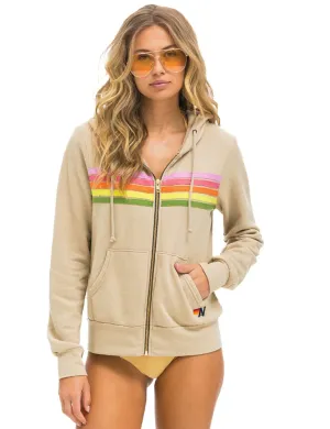 Fleece Inside Bomber Cut 5 Stripe Zip Hoodie, Sand/Pink Green