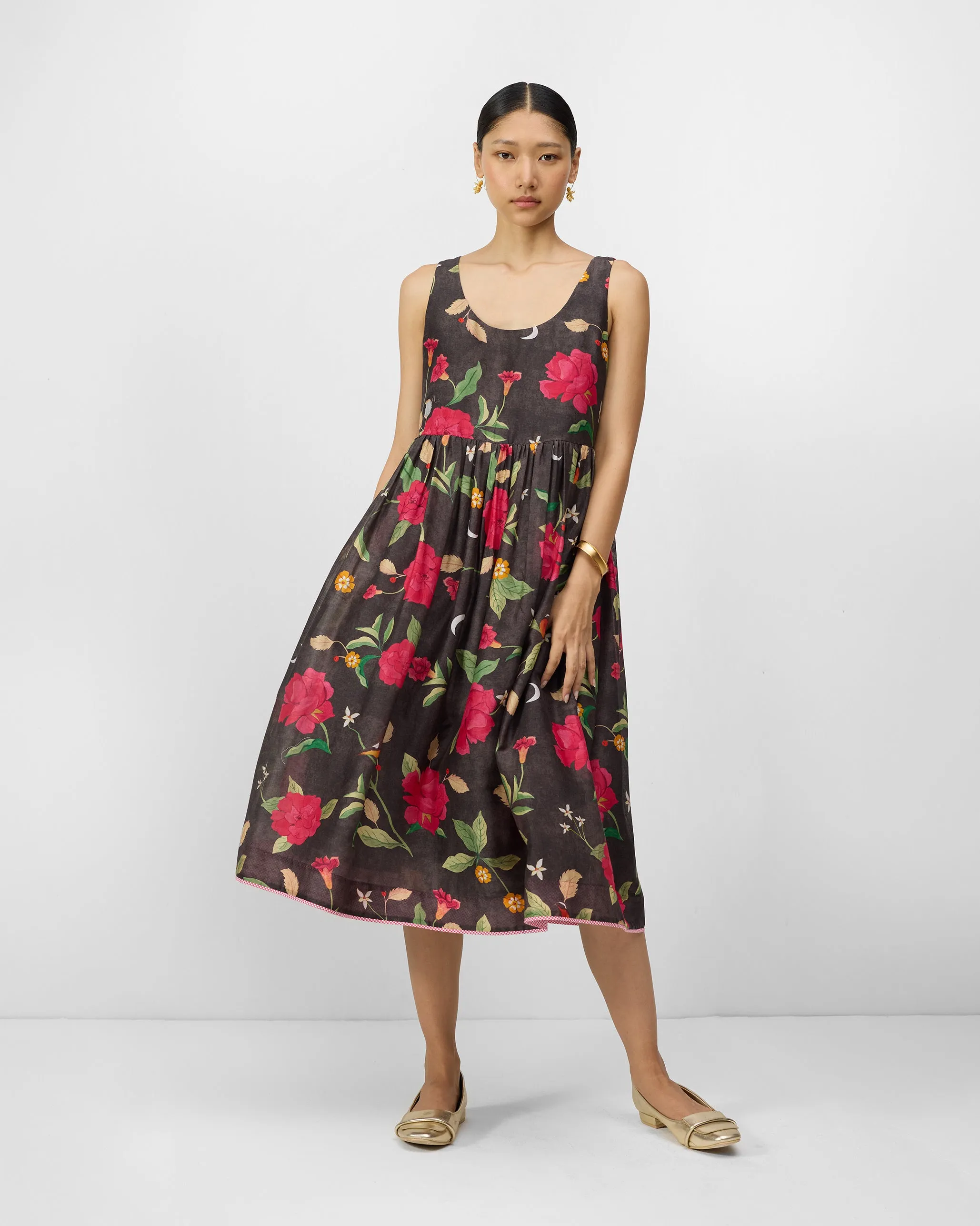 Flower Soft Shore Time Ashwini Dress - Charcoal & Watermelon Print