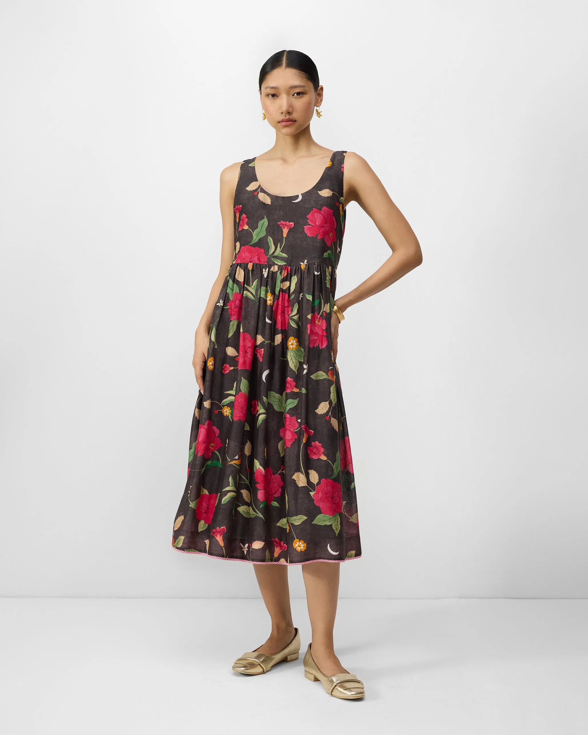 Ashwini Dress - Charcoal & Watermelon Print Trendy Vibes Breathable Feel