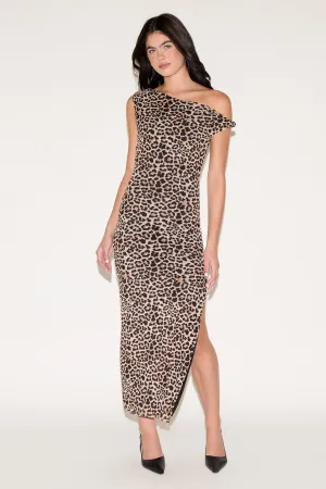 ASYMMETRIC SINGLE TWIST SHOULDER LEOPARD MAXI DRESS Balanced Texture Satin-Finish