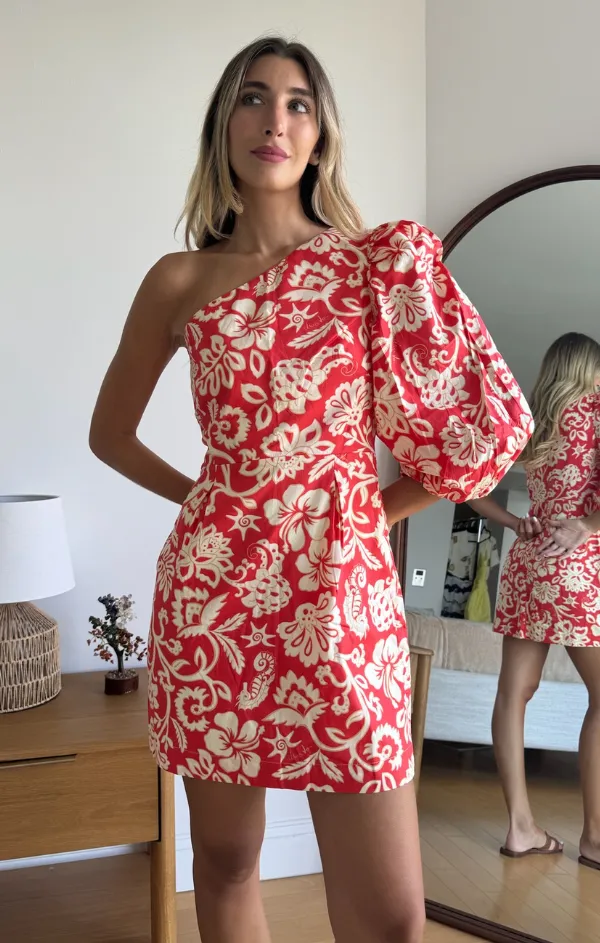 Subtle Detail Neutral Finish Asymmetric Sleeve Summer Print Dress