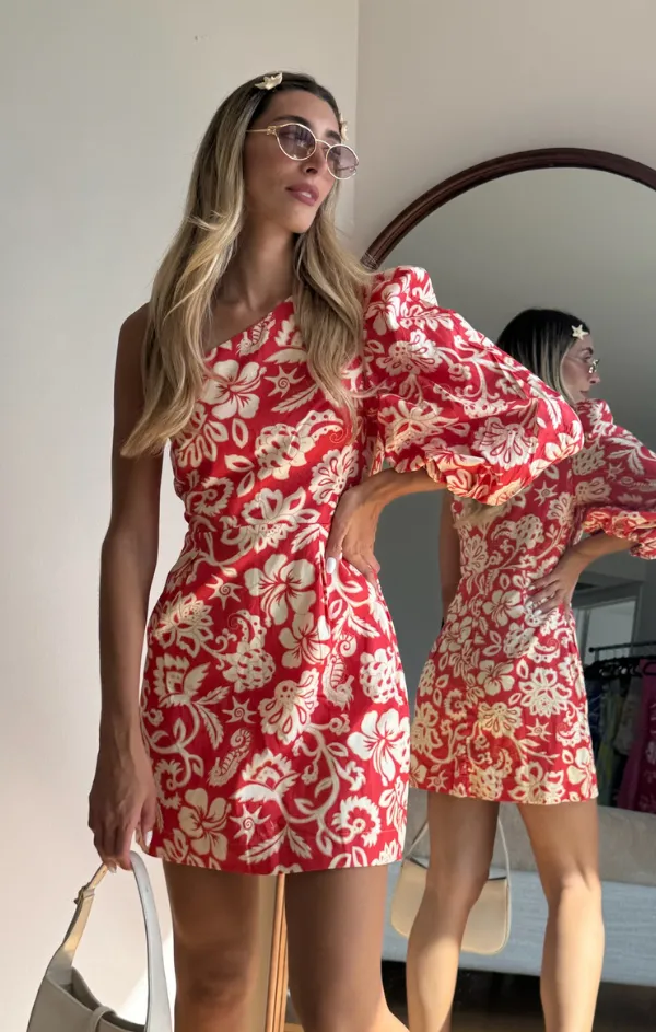 Asymmetric Sleeve Summer Print Dress Winter Layering Smooth Wear