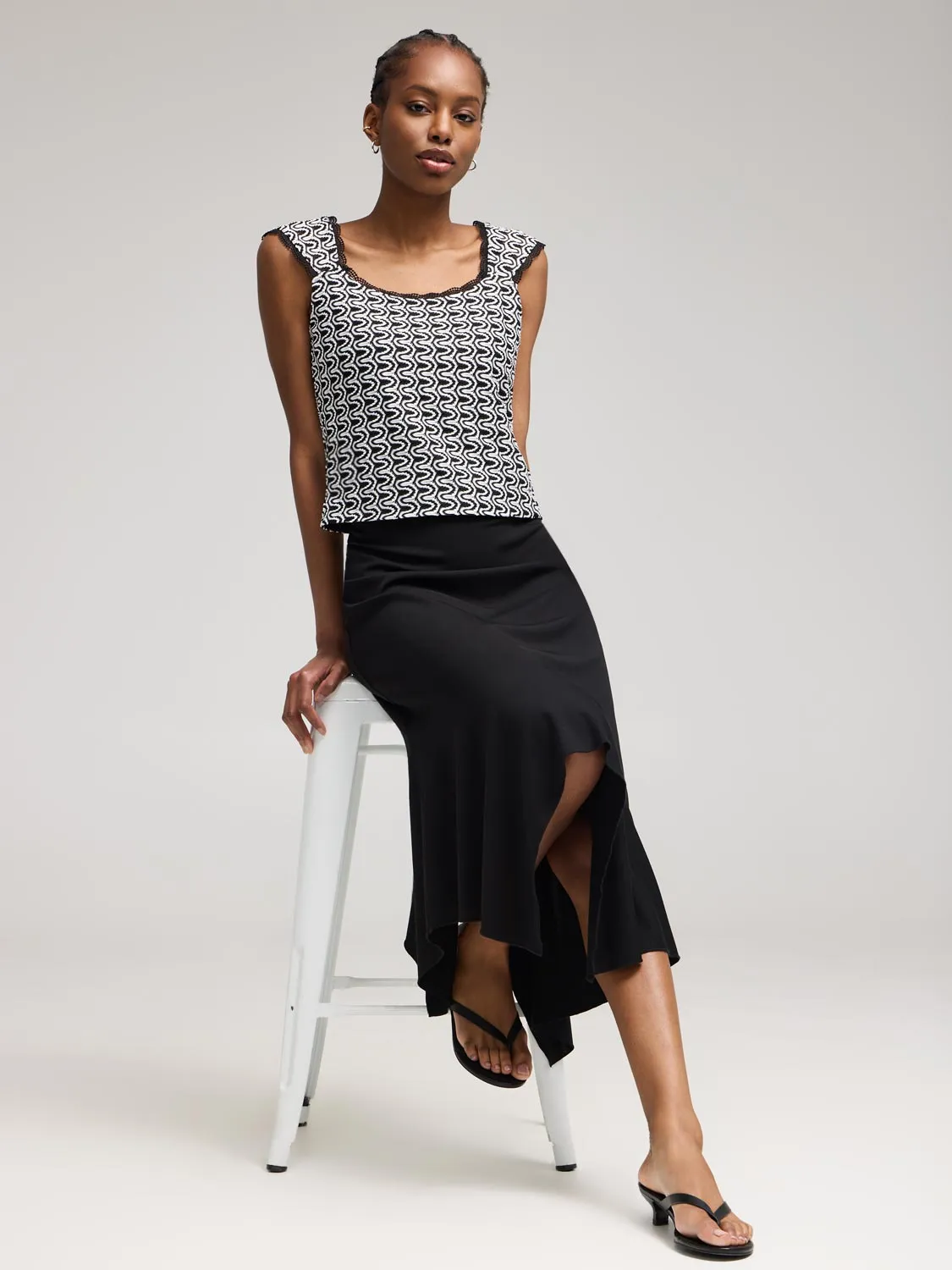 Asymmetrical Hem Midi Skirt Mix Texture