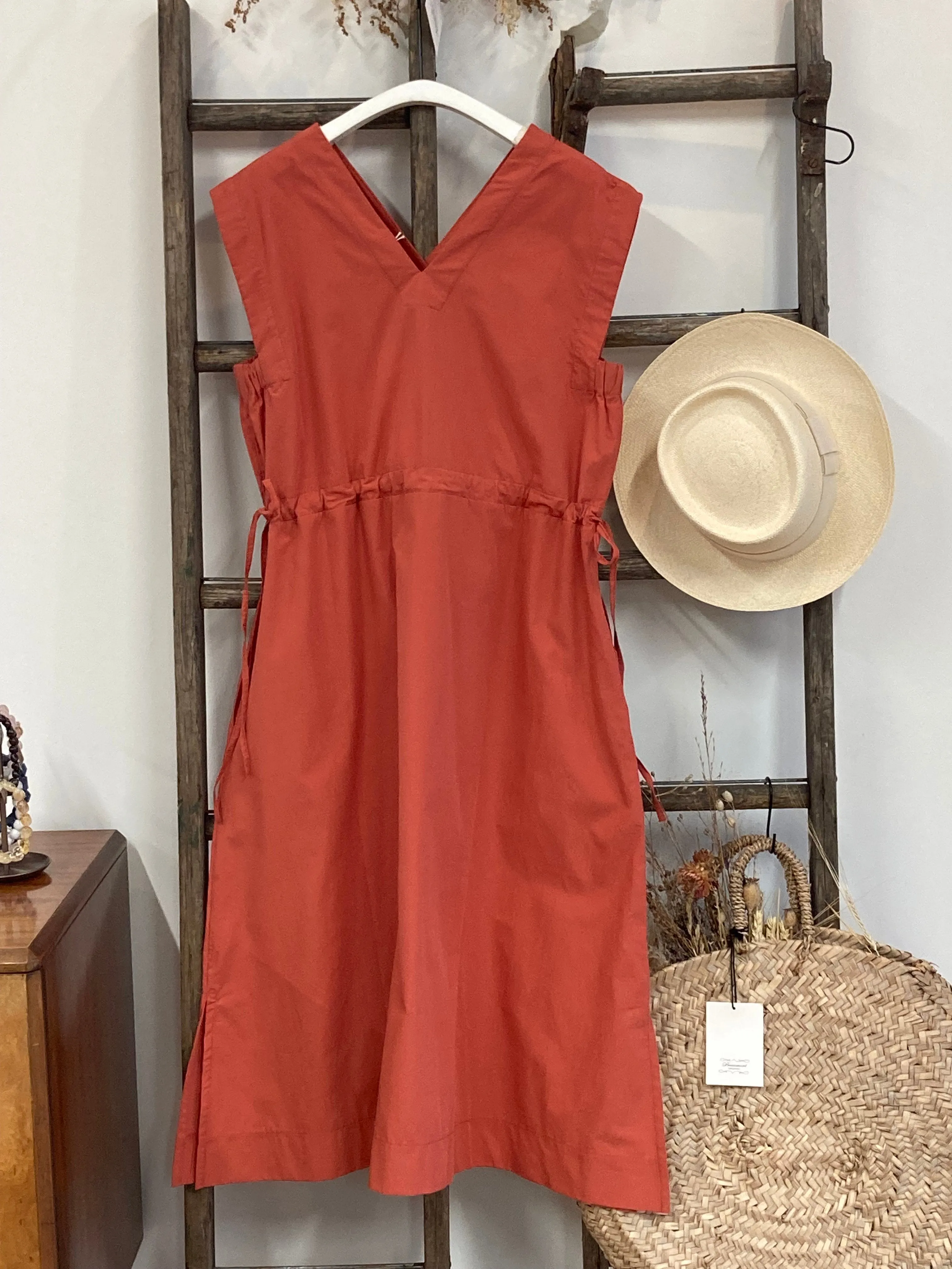 Athena Organic Cotton Dress in Rust Vibrant Look