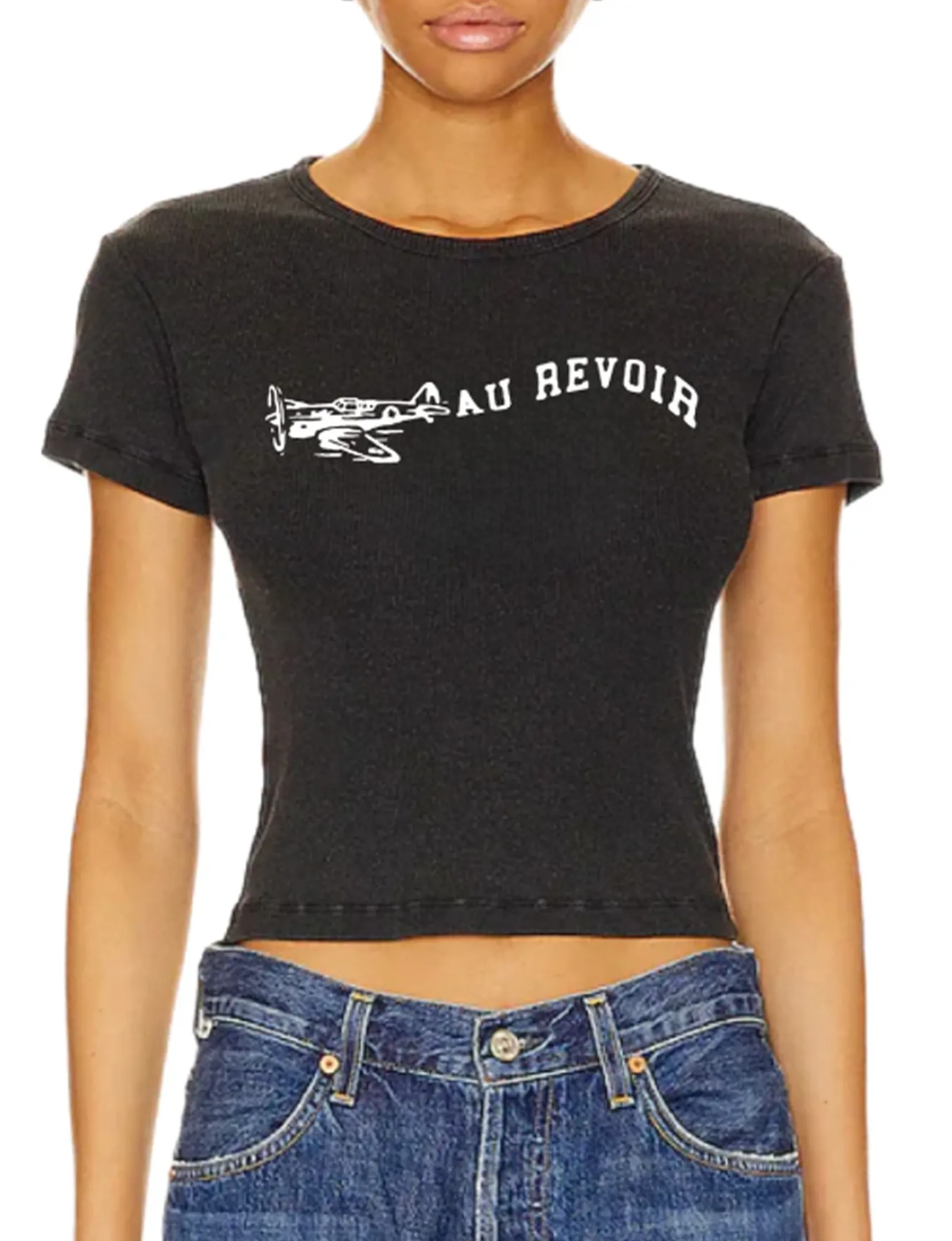 Au Revoir Baby Tee, Black/Snow Trendy Top Trendy Basics