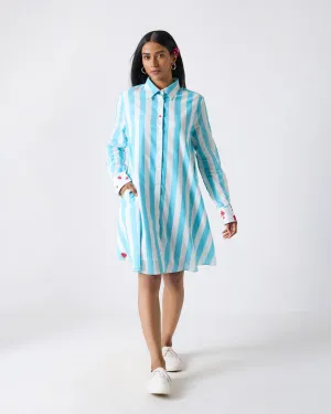 Festival Mood Ava Shirt Dress - Aqua & White Stripes