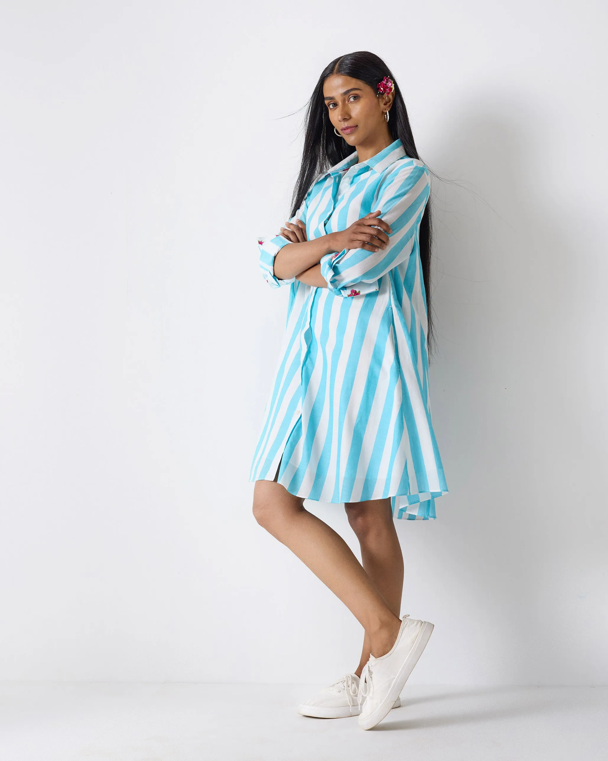 Ava Shirt Dress - Aqua & White Stripes Clean Outline