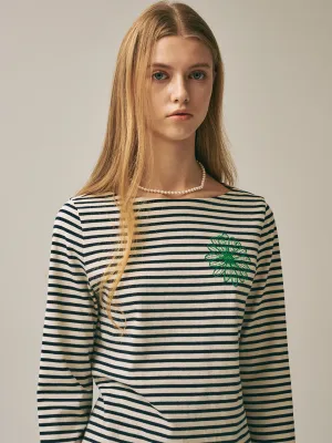 [Back in stock on October 24] SLIM TSHIRT 3/4 SLEEVE STRIPE_IVORY GREEN Round neck simplicity Comfort Fit
