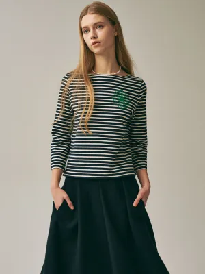 Organic Cotton Blend [Back in stock on October 24] SLIM TSHIRT 3/4 SLEEVE STRIPE_NAVY GREEN
