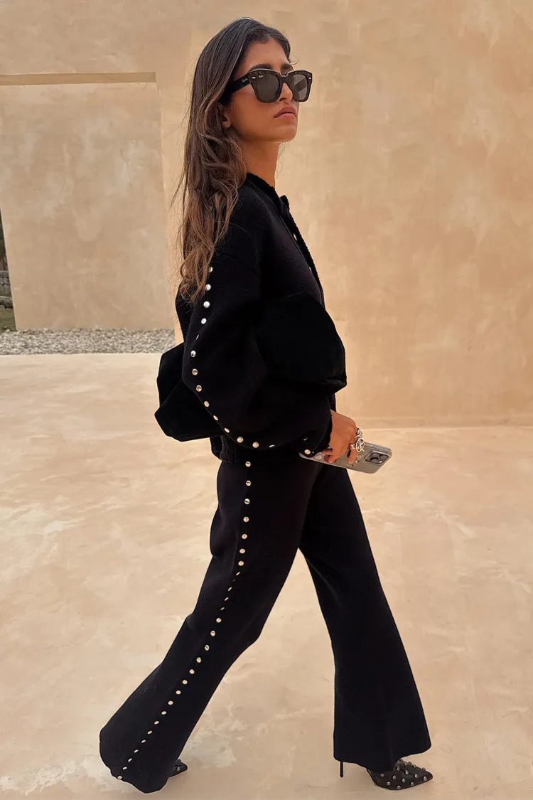 Black Studded Knit Trousers Jacquard Pattern