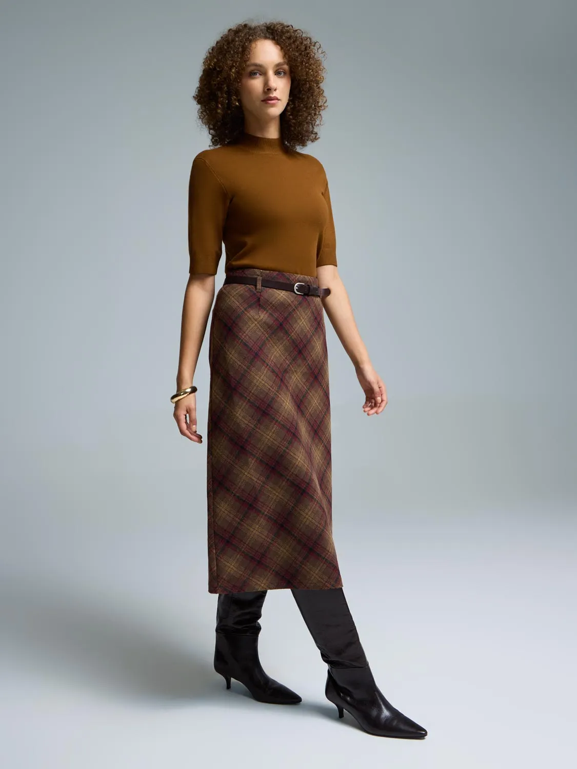 Belted Plaid Midi Skirt Senior Style Opaque Lining