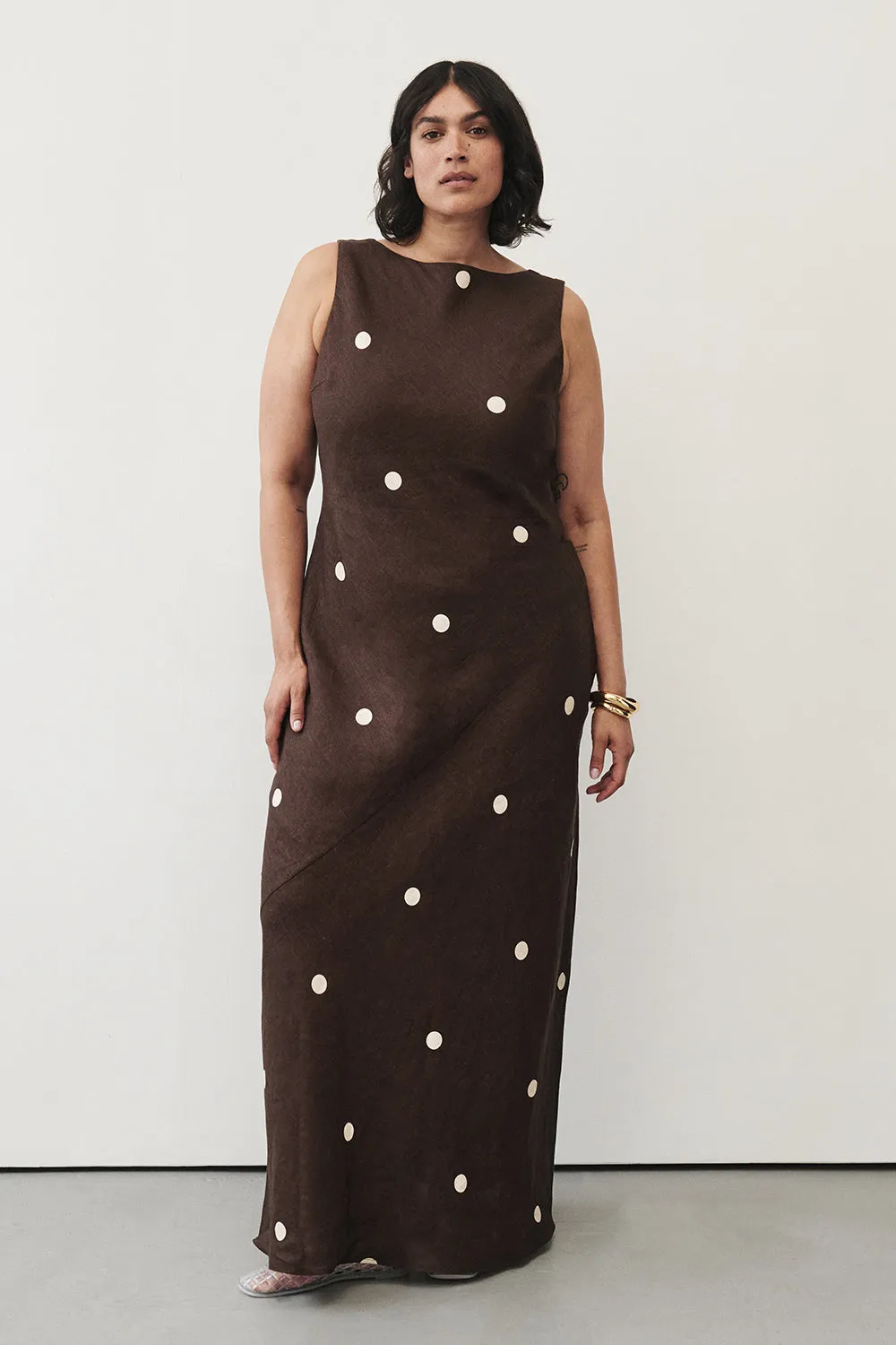 BEVERLY BITTER CHOC SPOT LINEN MIDI DRESS custom-fit Casual weekend dress