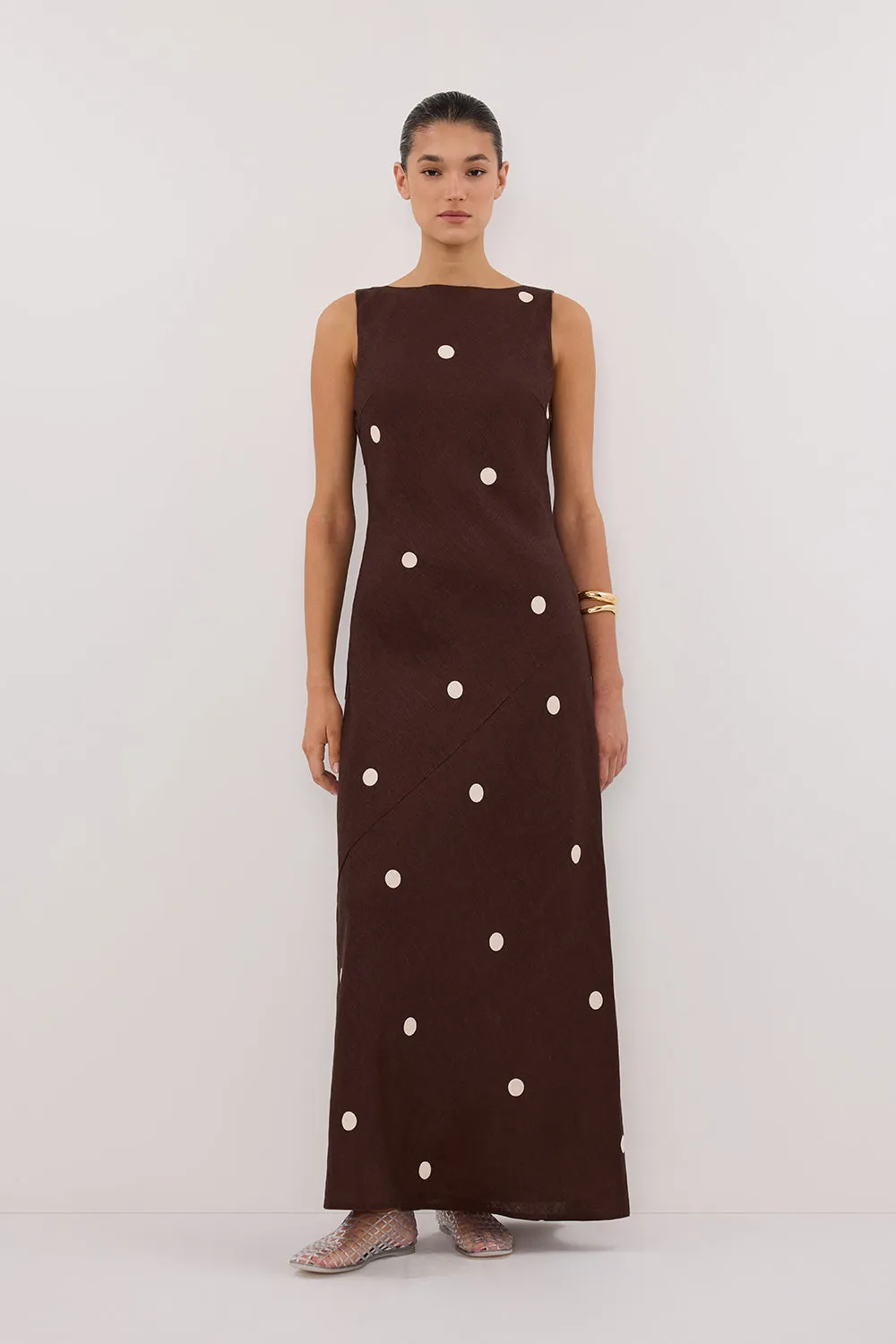 All Fitwear Summer Friendly BEVERLY BITTER CHOC SPOT LINEN MIDI DRESS