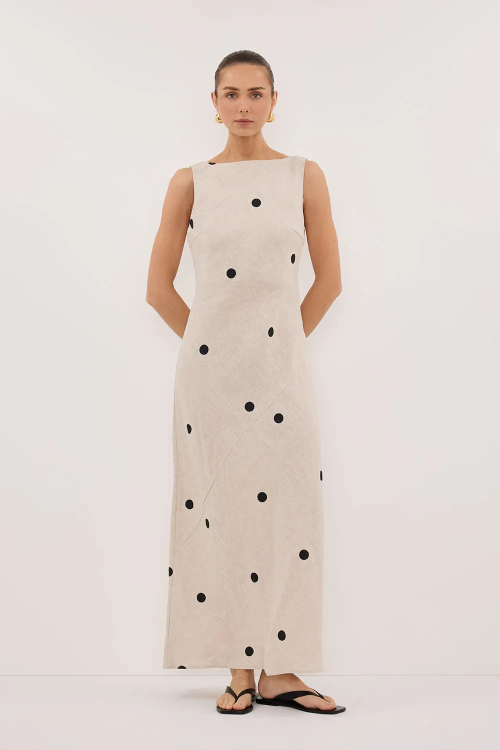 BEVERLY NATURAL SPOT LINEN MIDI DRESS Sharp Mood