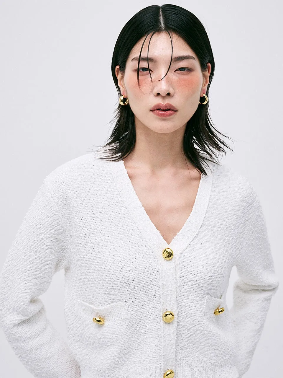 LINEN CROPPED CARDIGAN V NECK_WHITE Plush Texture