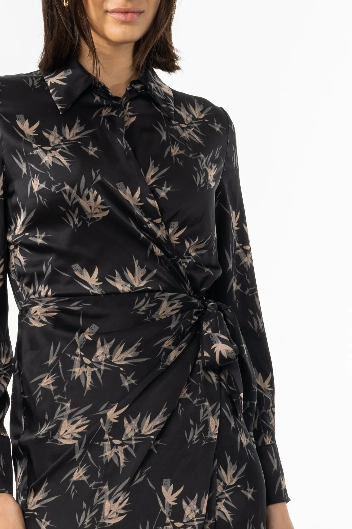 Evening Motion Wrap-Style Black & Beige Side Tie Maxi Dress