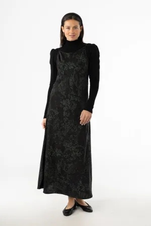 Texture Soft Black & Green Printed Slip Dress