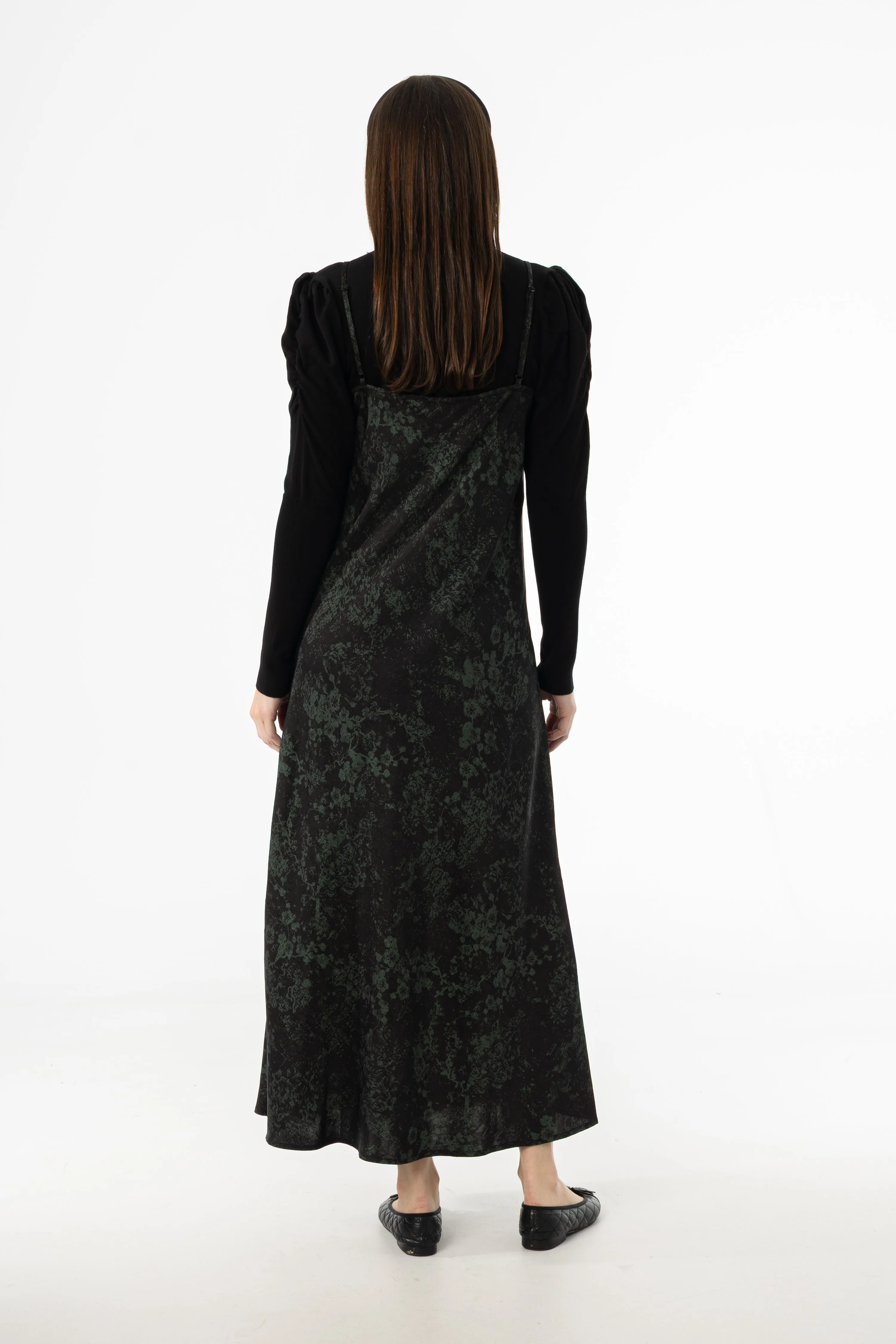 Black & Green Printed Slip Dress Scalloped-Edge Timeless Waist Fit