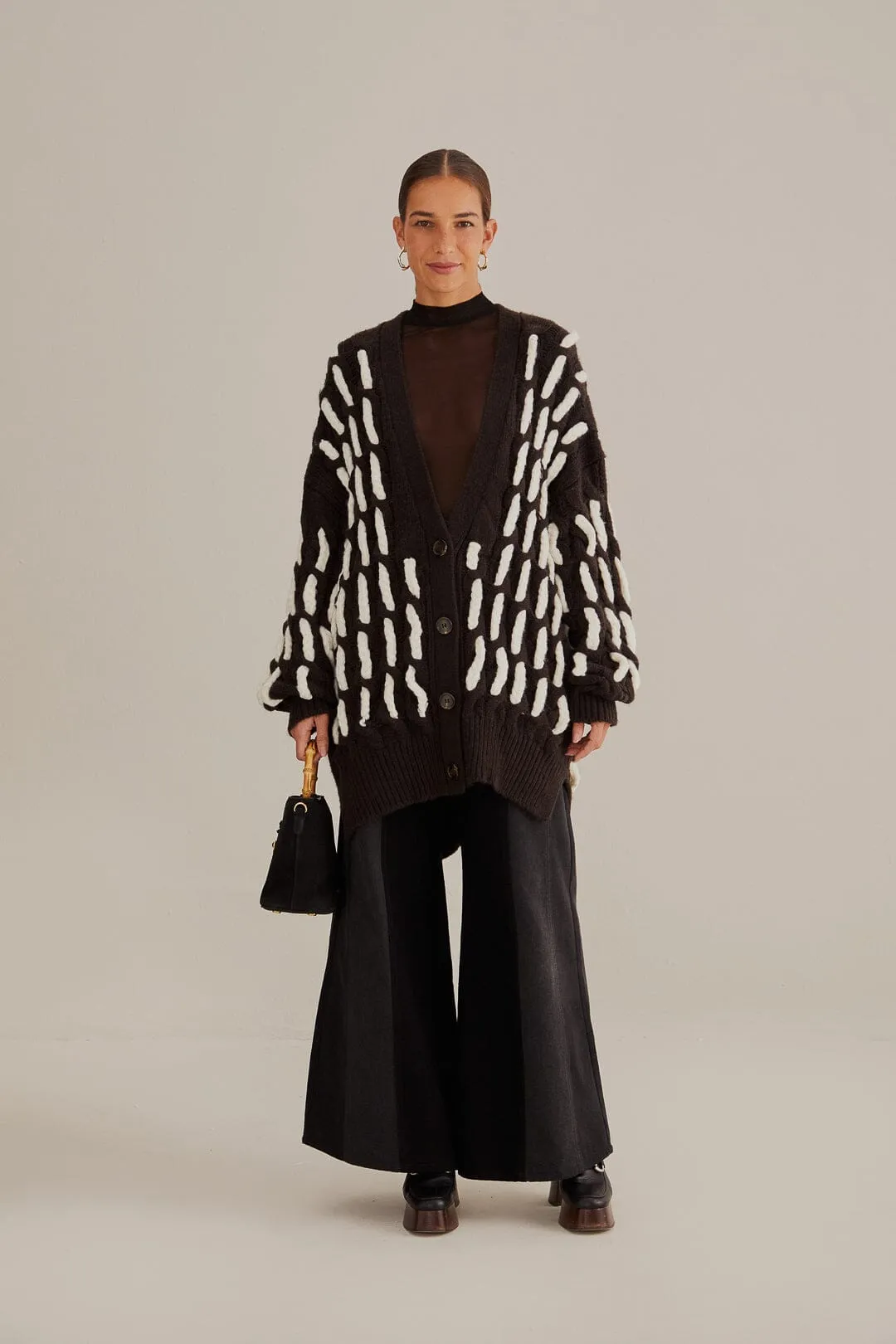 Black And White Textured Knit Cardigan Tencel Blend Material