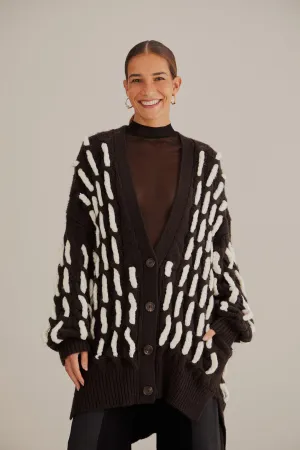Daily Favorite Black And White Textured Knit Cardigan