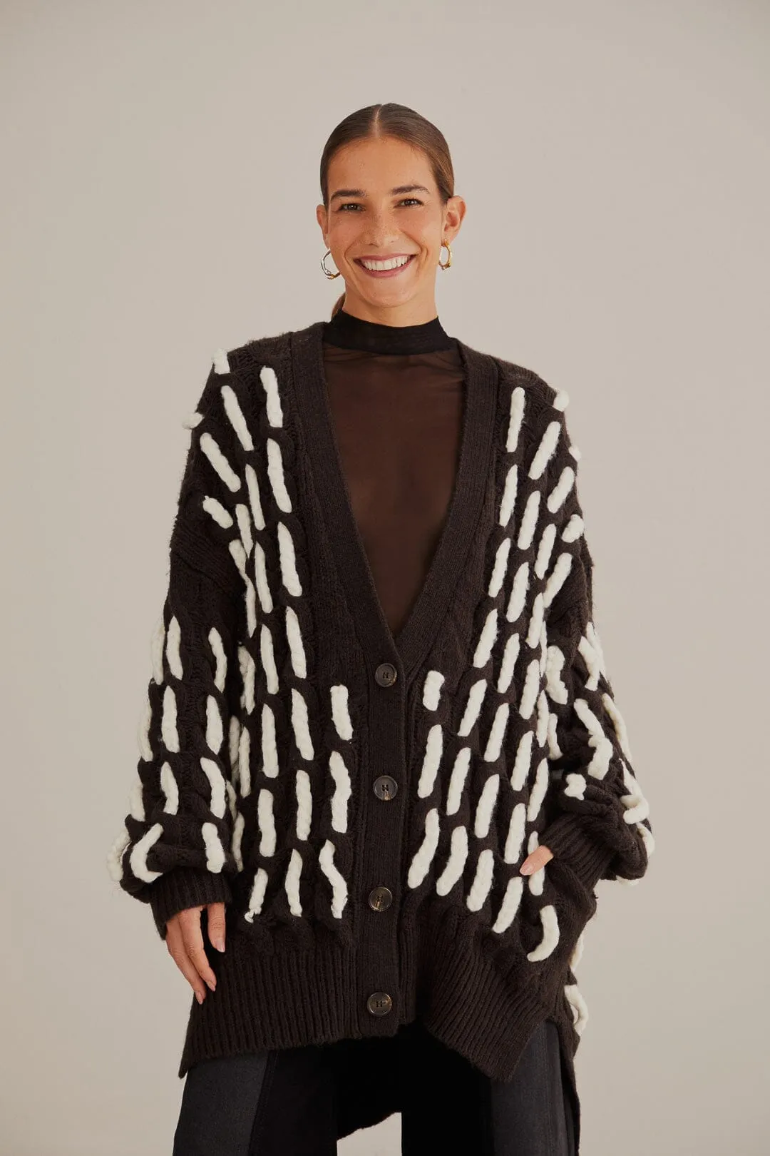 Daily Favorite Black And White Textured Knit Cardigan