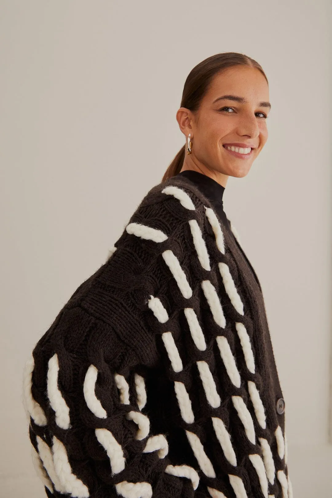 Everyday Neutral Seasonal Comforted Black And White Textured Knit Cardigan