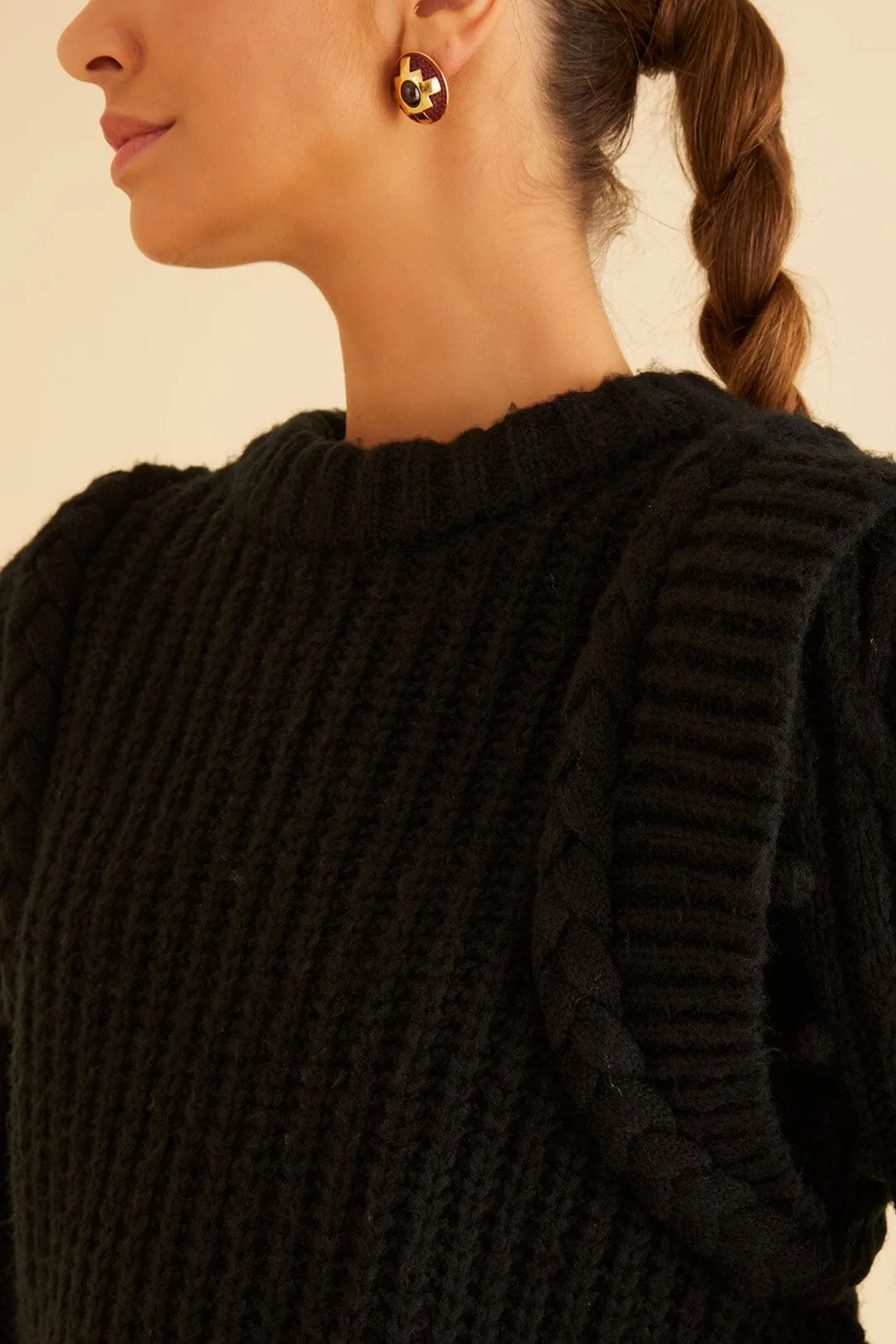 Ribbed Trim Simple Wear Black Braided Sweater