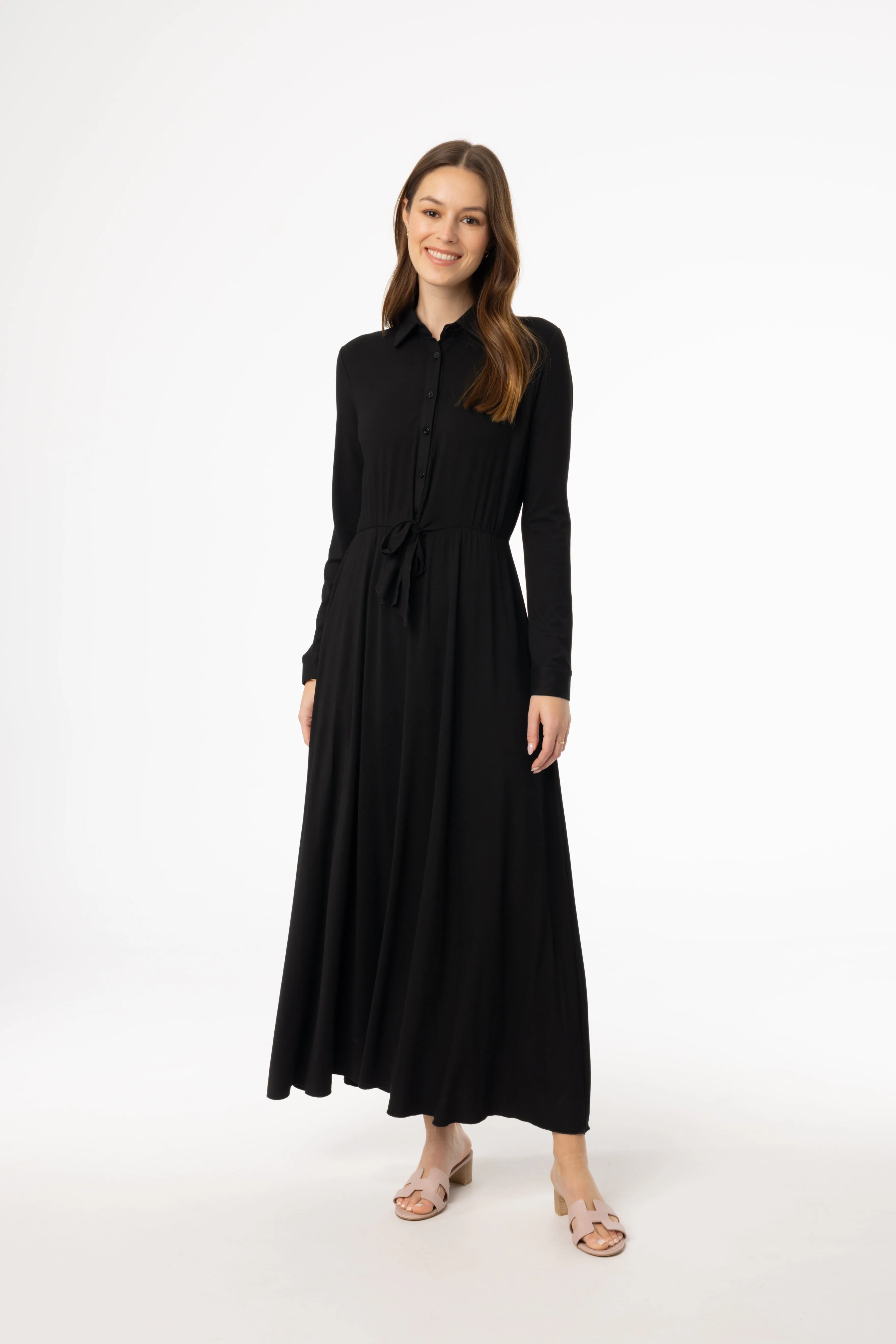 Black Button Maxi Dress wrap waist