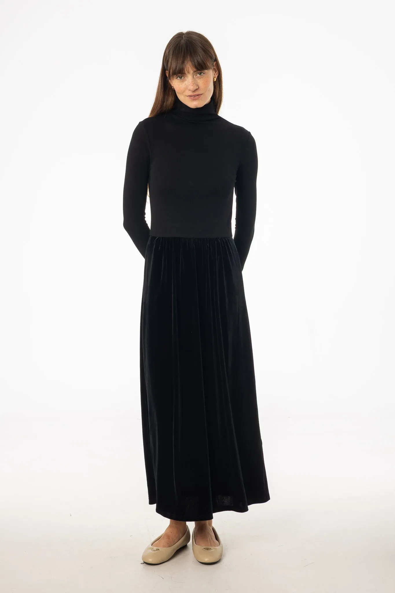 Subtle Glow garden party Black Combo Velour Mock Neck Dress