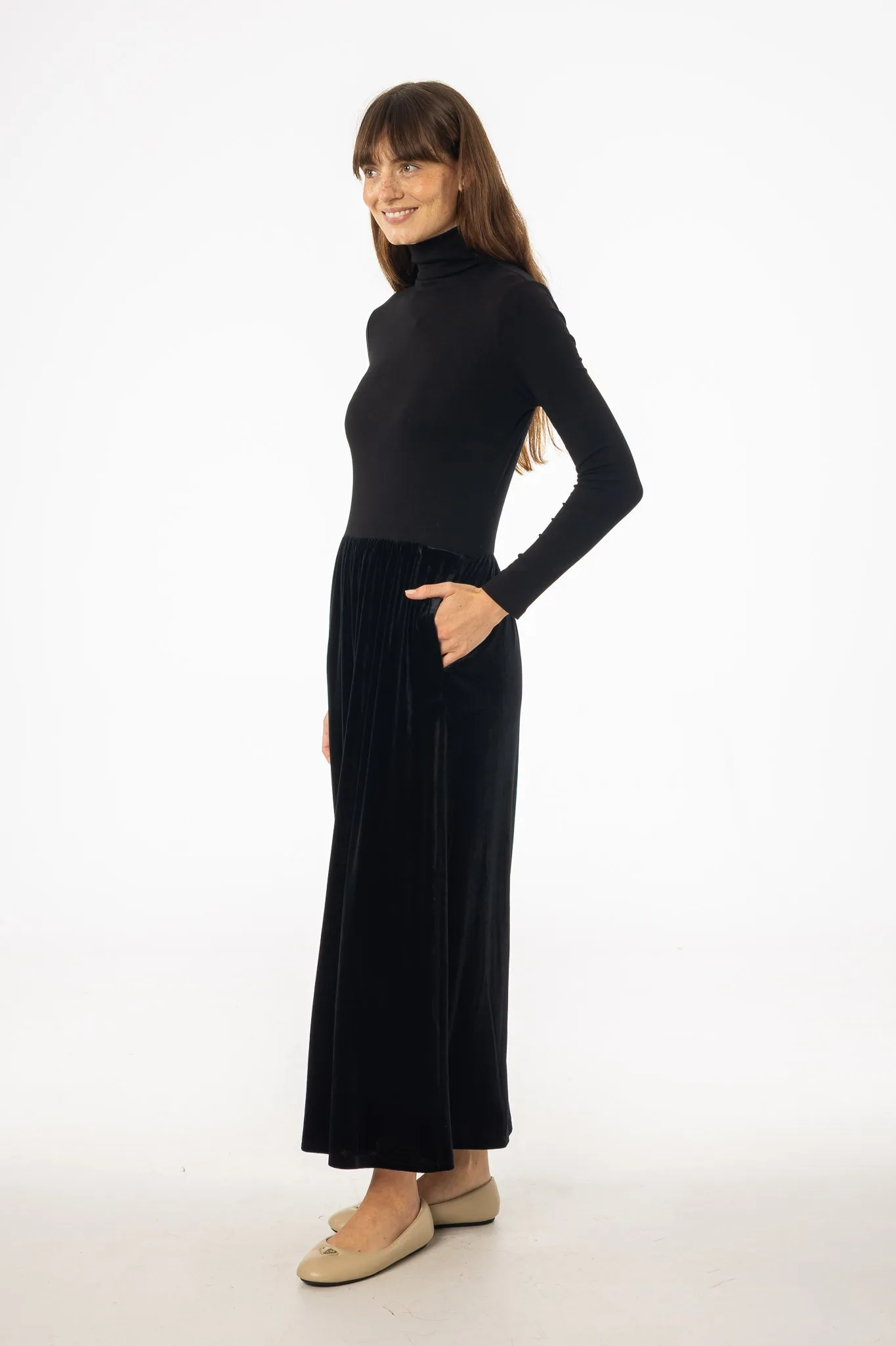 Essential Style All-Purpose Comfort Black Combo Velour Mock Neck Dress