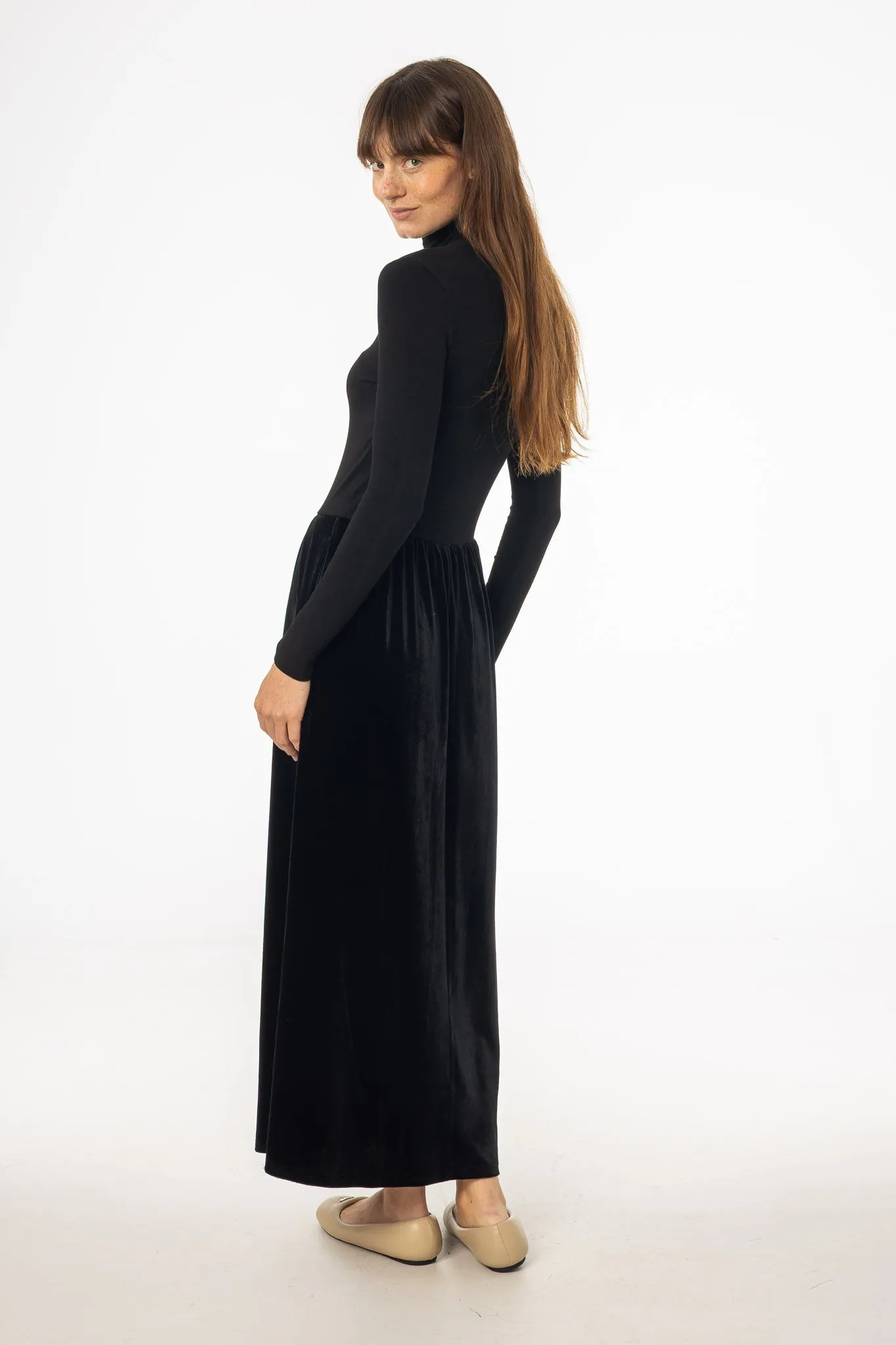 Weekend Ready Maximalist-Trend Black Combo Velour Mock Neck Dress