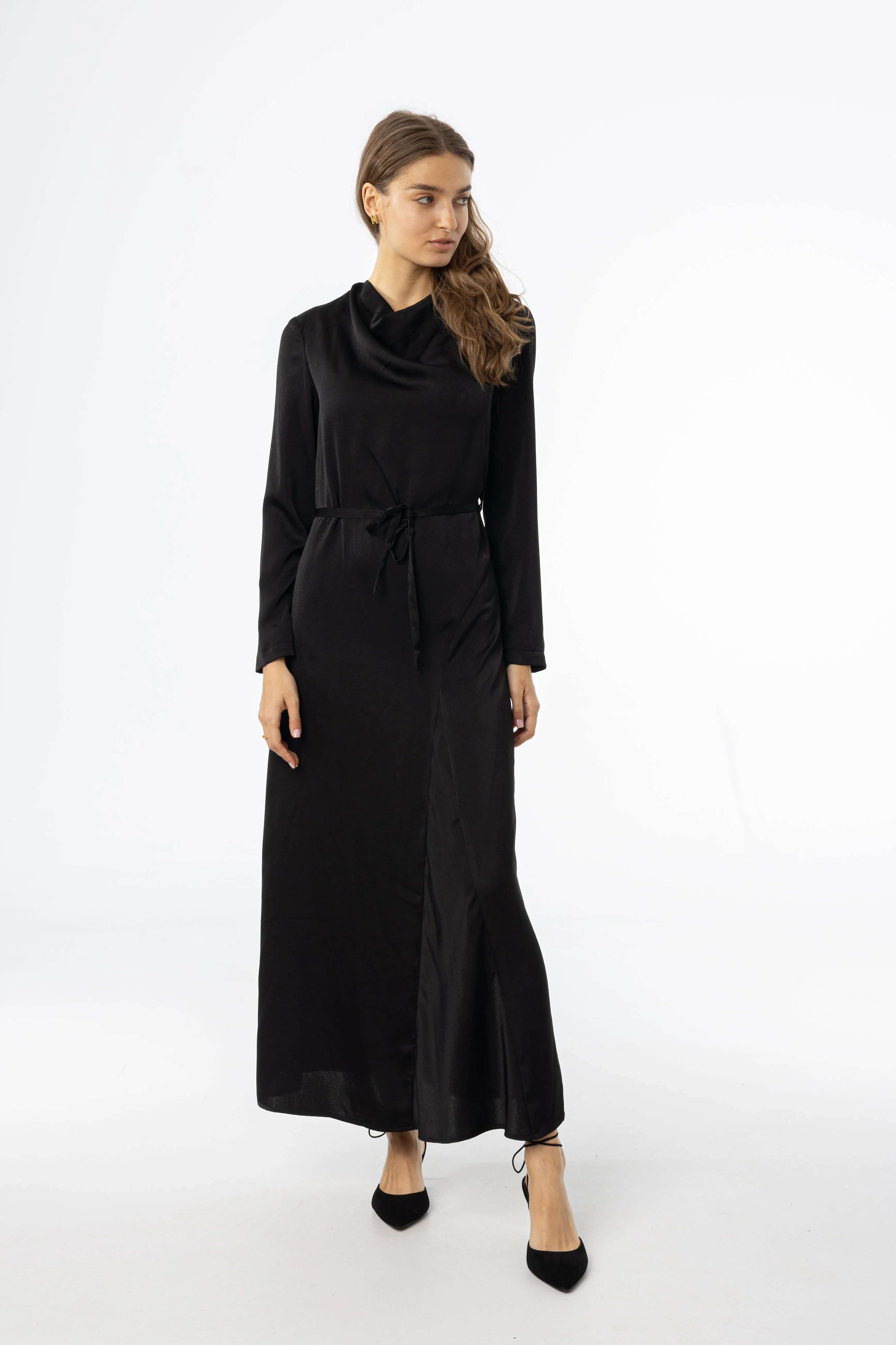 Silky Surface Easy to Wear Black Draped Neck Maxi Dress