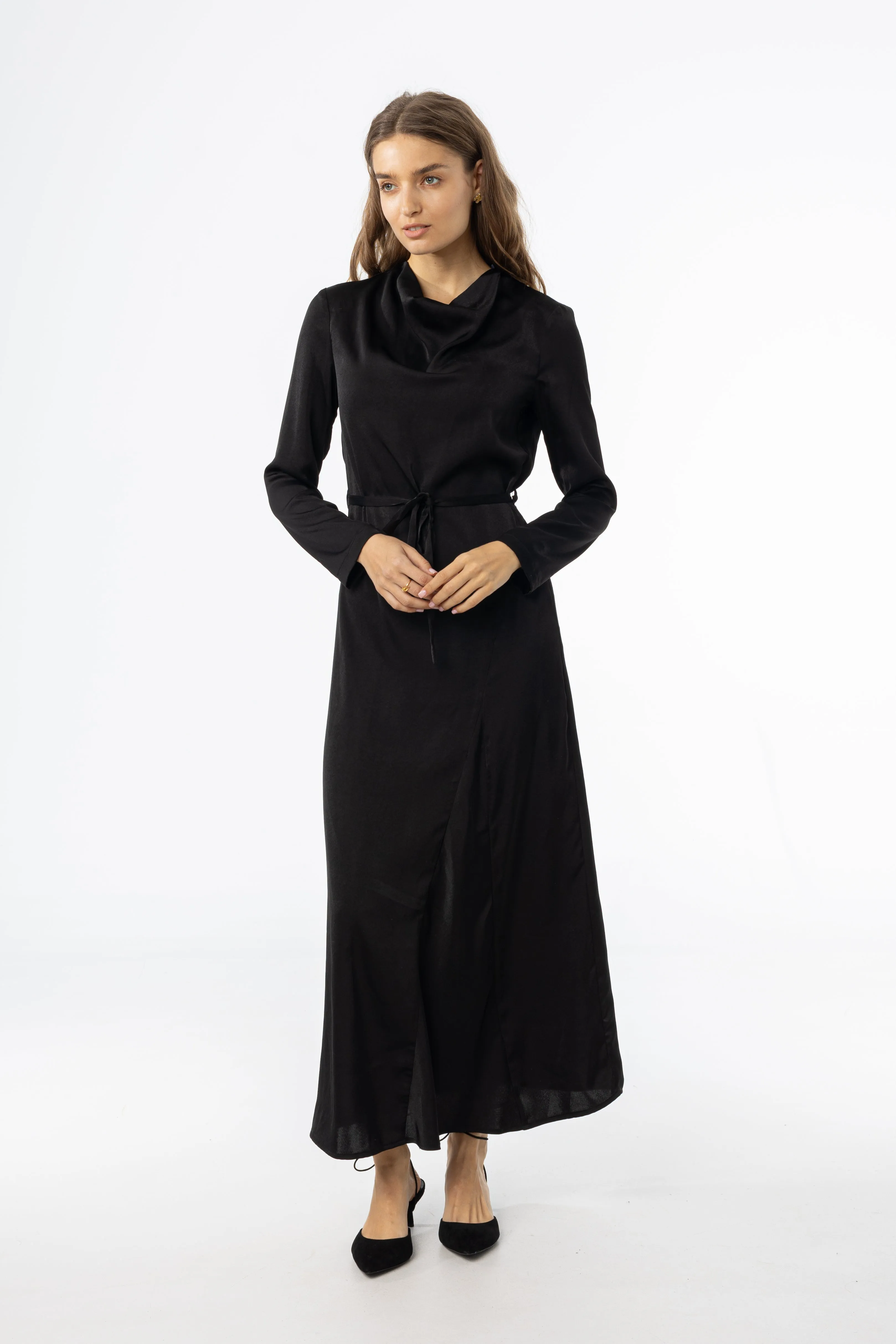 Black Draped Neck Maxi Dress Smooth Motion