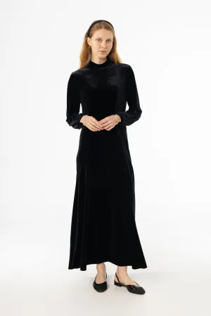 Emerging-Brand Muted Tones Black Flared Hem Velvet Maxi Dress